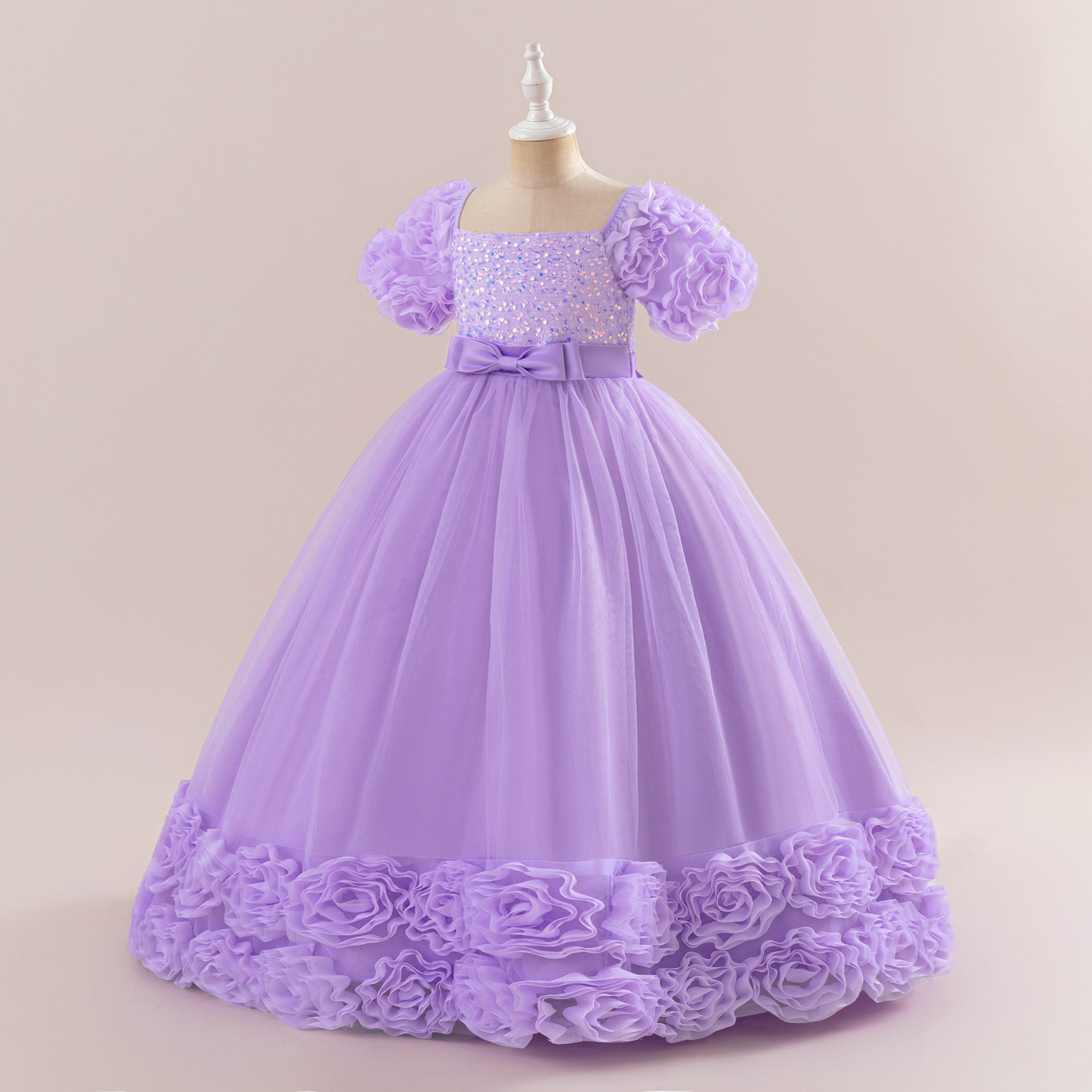 Cute Sequin Tulle Maxi Dress for Girls - Floral A-Line Princess Gown