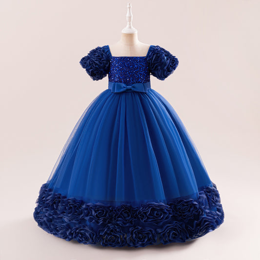 Cute Sequin Tulle Maxi Dress for Girls - Floral A-Line Princess Gown