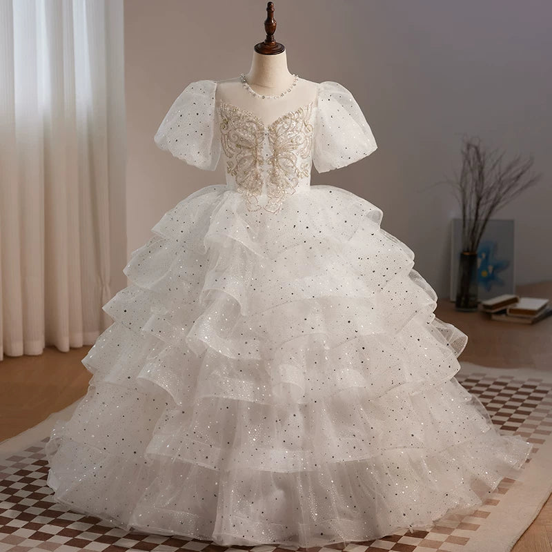 Cute White Girls' Maxi Mesh Party Dress with Illusion Neck & Sequins