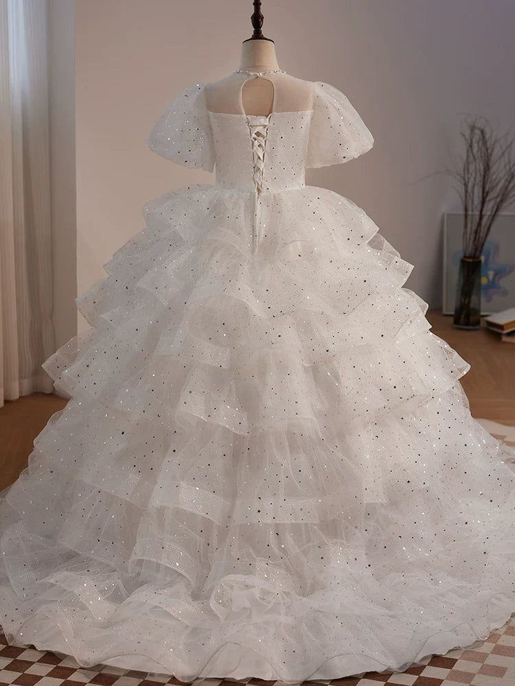 Cute White Girls' Maxi Mesh Party Dress with Illusion Neck & Sequins