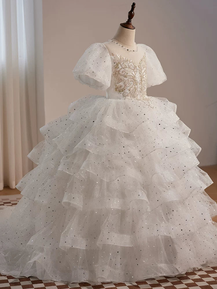 Cute White Girls' Maxi Mesh Party Dress with Illusion Neck & Sequins