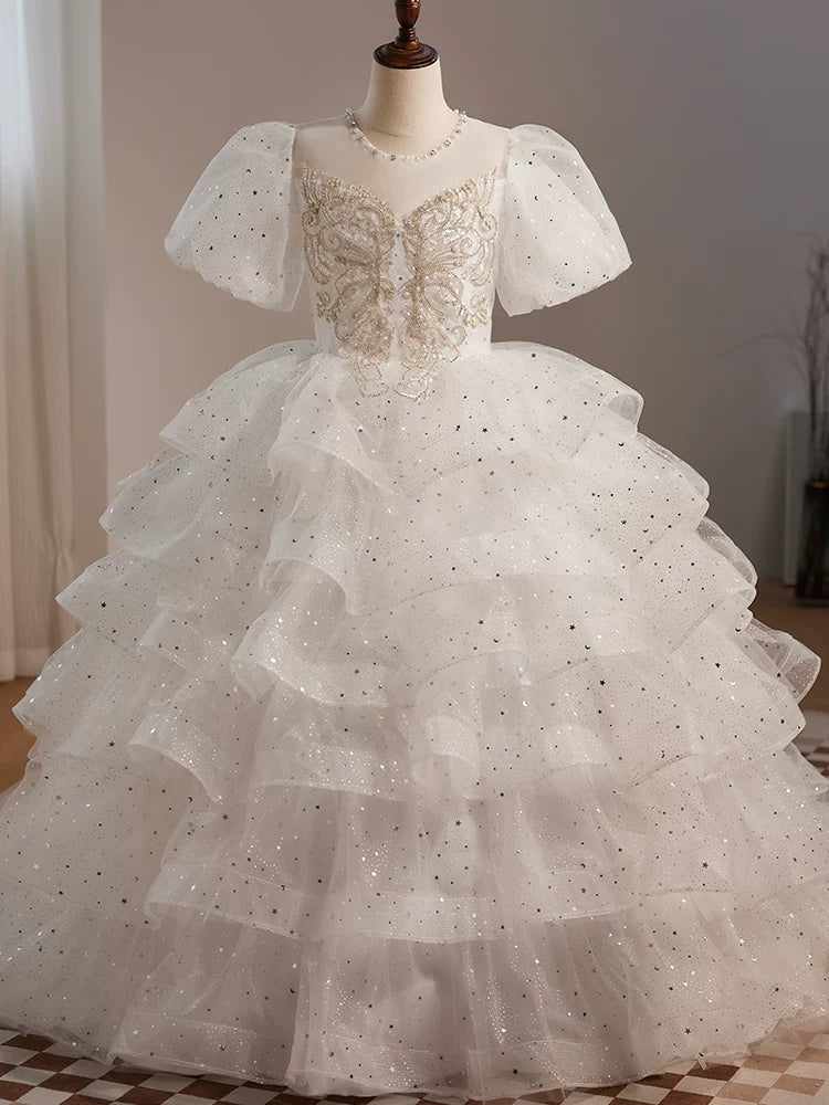 Cute White Girls' Maxi Mesh Party Dress with Illusion Neck & Sequins