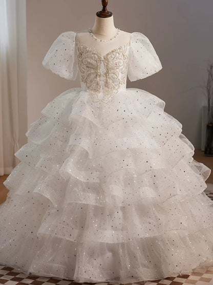 Cute White Girls' Maxi Mesh Party Dress with Illusion Neck & Sequins