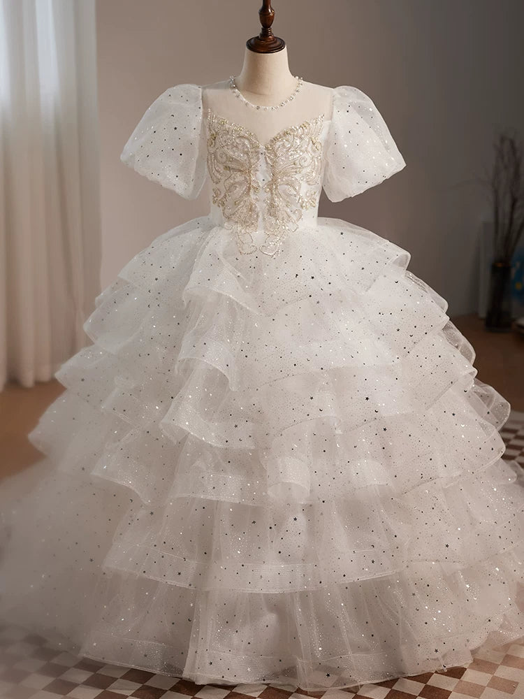 Cute White Girls' Maxi Mesh Party Dress with Illusion Neck & Sequins