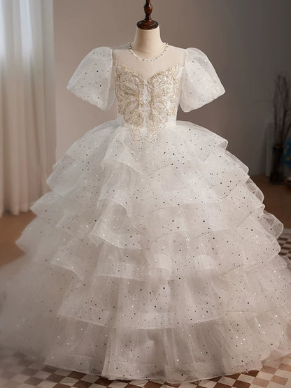 Cute White Girls' Maxi Mesh Party Dress with Illusion Neck & Sequins