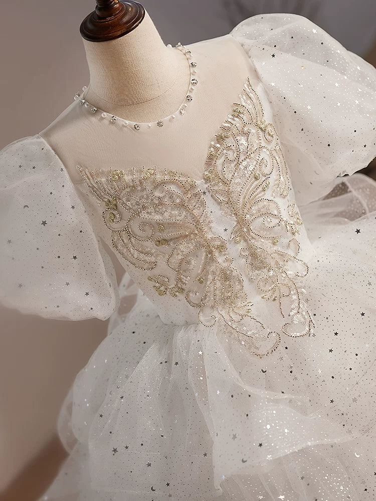 Cute White Girls' Maxi Mesh Party Dress with Illusion Neck & Sequins