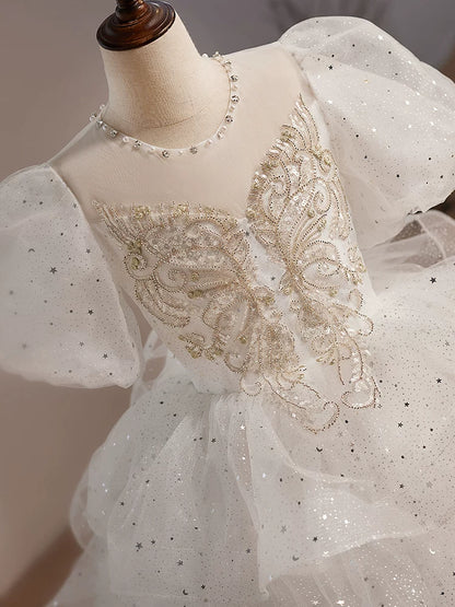 Cute White Girls' Maxi Mesh Party Dress with Illusion Neck & Sequins