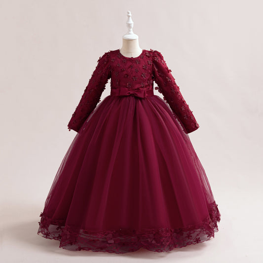 Cute Girls' Maxi A-line Lace Flower Party Dress – Princess Long Sleeve Gown for Special Occasions