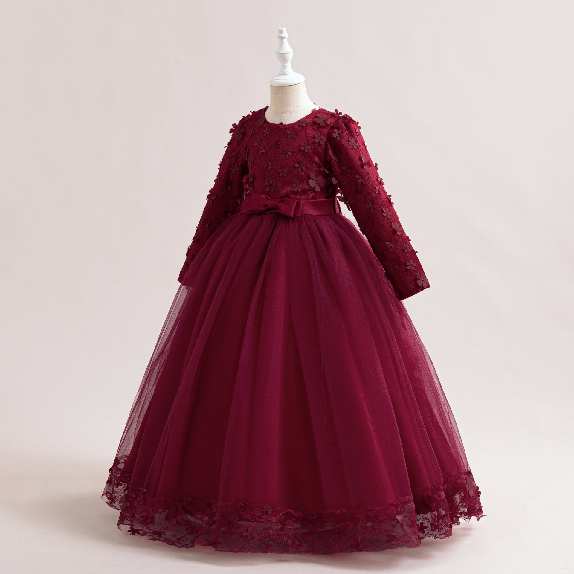 Cute Girls' Maxi A-line Lace Flower Party Dress – Princess Long Sleeve Gown for Special Occasions