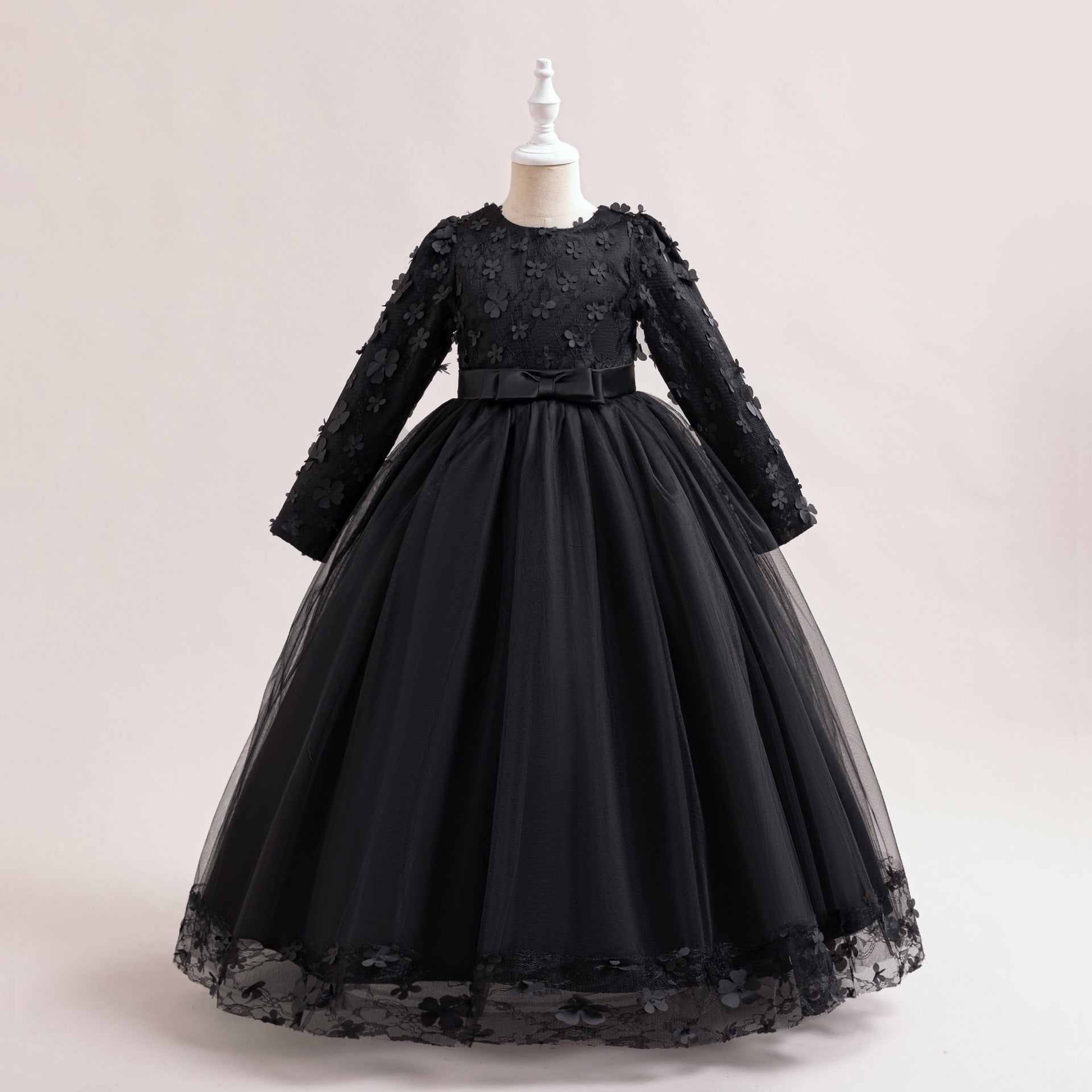 Cute Girls' Maxi A-line Lace Flower Party Dress – Princess Long Sleeve Gown for Special Occasions