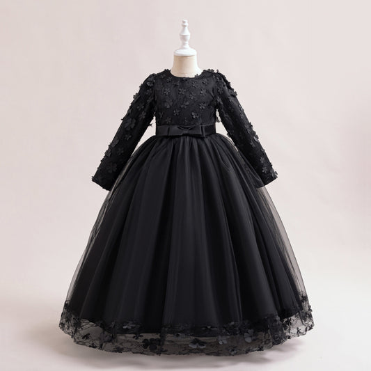 Cute Girls' Maxi A-line Lace Flower Party Dress – Princess Long Sleeve Gown for Special Occasions