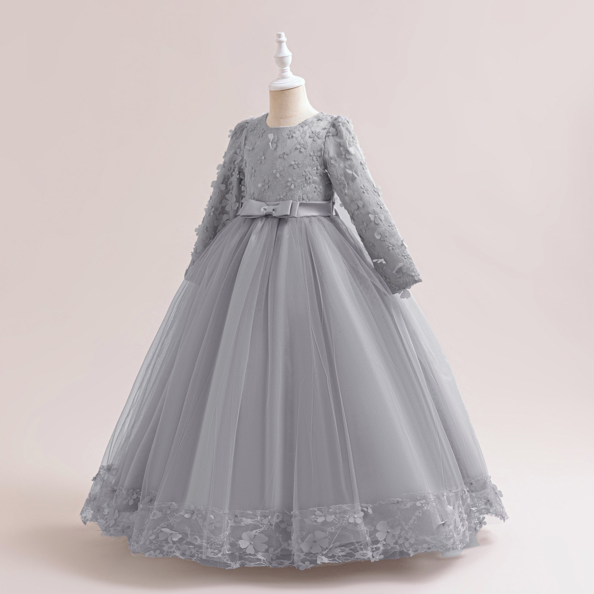 Cute Girls' Maxi A-line Lace Flower Party Dress – Princess Long Sleeve Gown for Special Occasions
