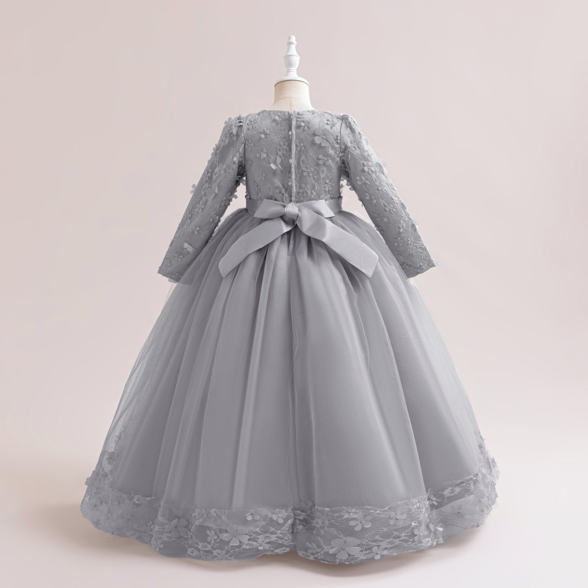 Cute Girls' Maxi A-line Lace Flower Party Dress – Princess Long Sleeve Gown for Special Occasions