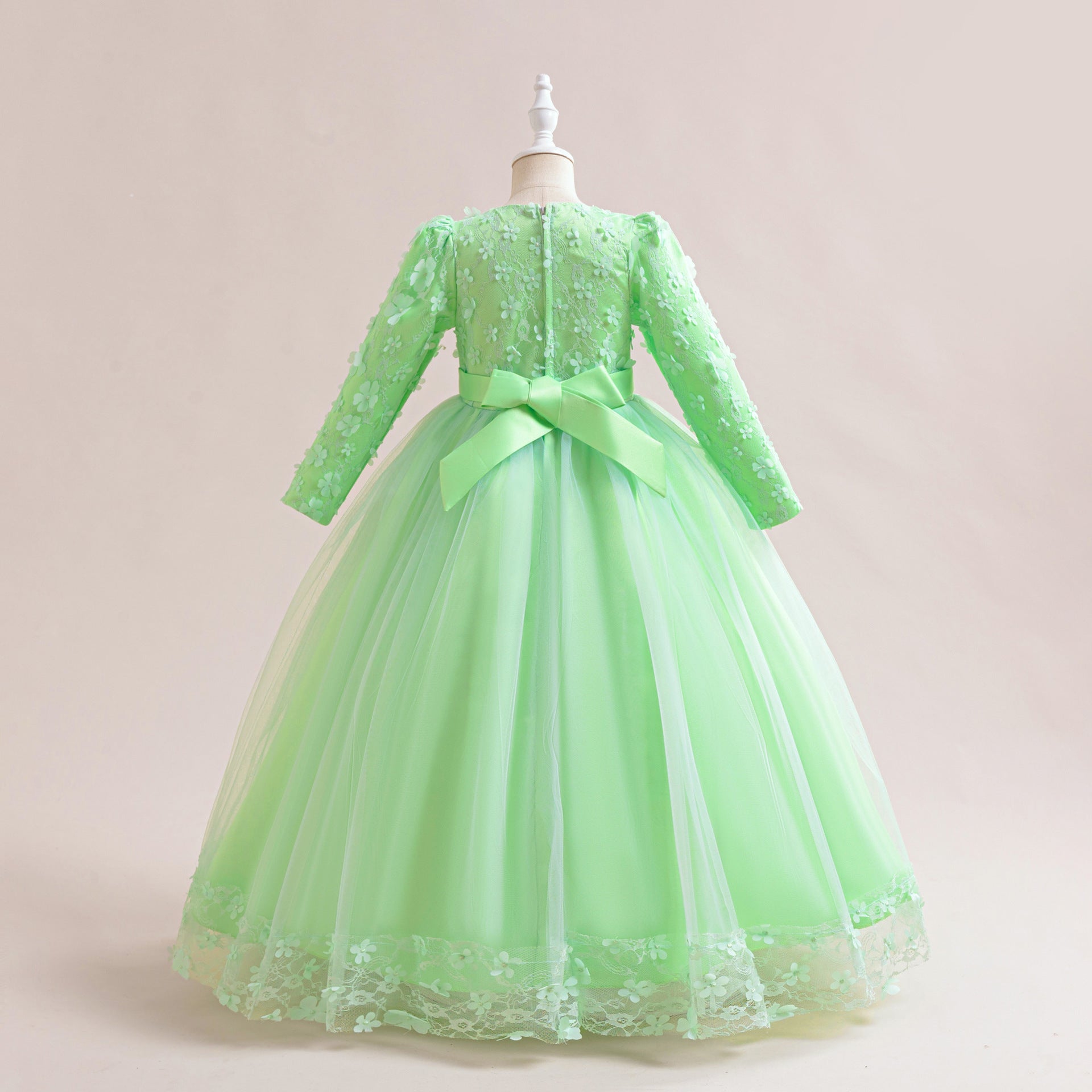 Cute Girls' Maxi A-line Lace Flower Party Dress – Princess Long Sleeve Gown for Special Occasions