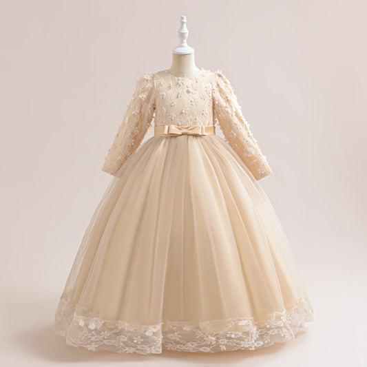 Cute Girls' Maxi A-line Lace Flower Party Dress – Princess Long Sleeve Gown for Special Occasions