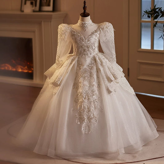Cute White Maxi Princess Dress for Girls 3-12 - A-Line Sequin Mesh Flower Girl Gown