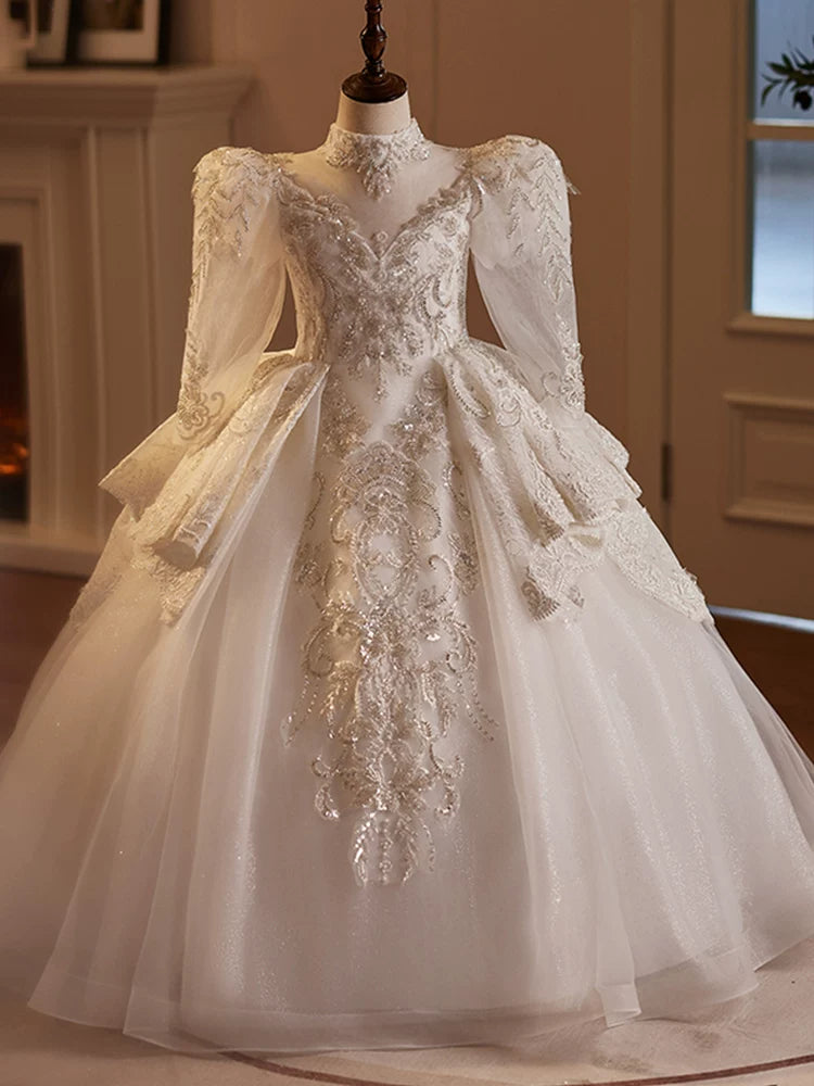 Cute White Maxi Princess Dress for Girls 3-12 - A-Line Sequin Mesh Flower Girl Gown