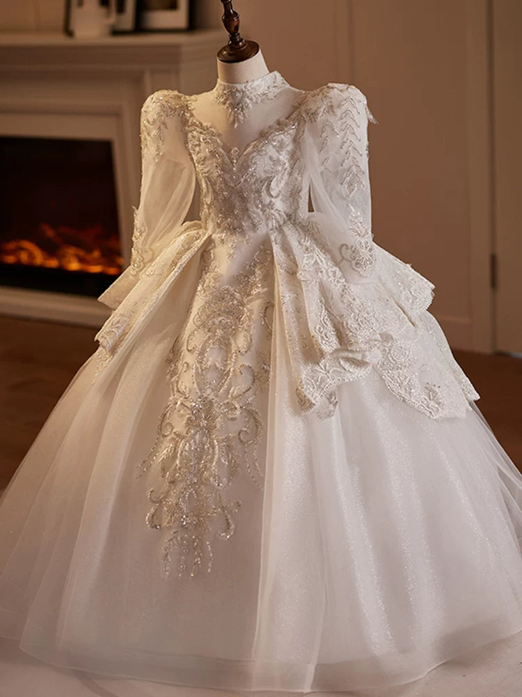 Cute White Maxi Princess Dress for Girls 3-12 - A-Line Sequin Mesh Flower Girl Gown