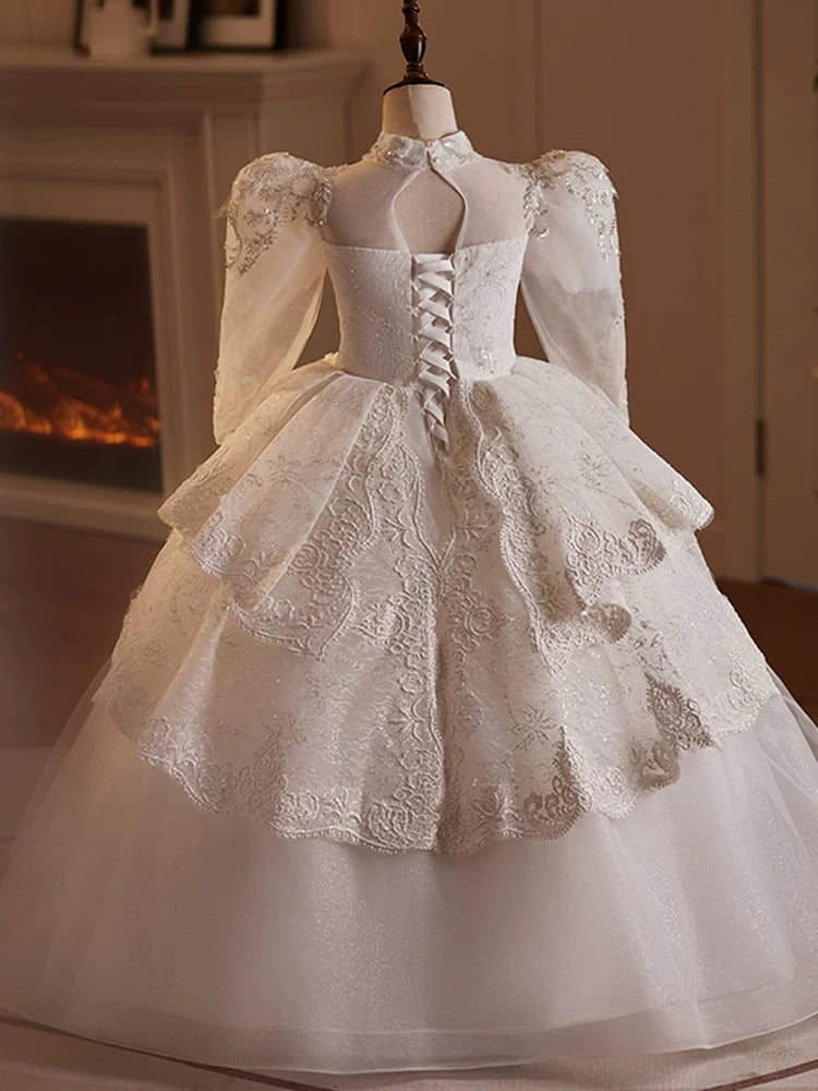 Cute White Maxi Princess Dress for Girls 3-12 - A-Line Sequin Mesh Flower Girl Gown
