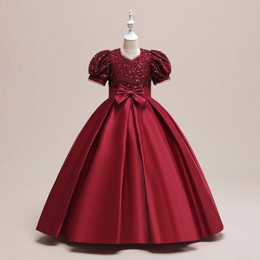 Cute A-Line Sequin Maxi Dress for Girls with Puff Sleeves & Bowknot