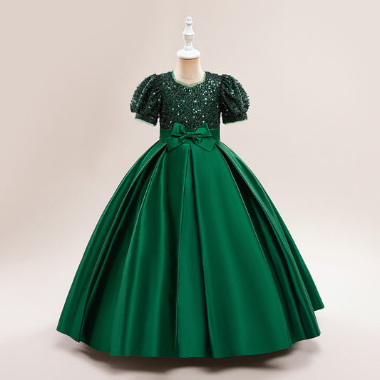 Cute A-Line Sequin Maxi Dress for Girls with Puff Sleeves & Bowknot