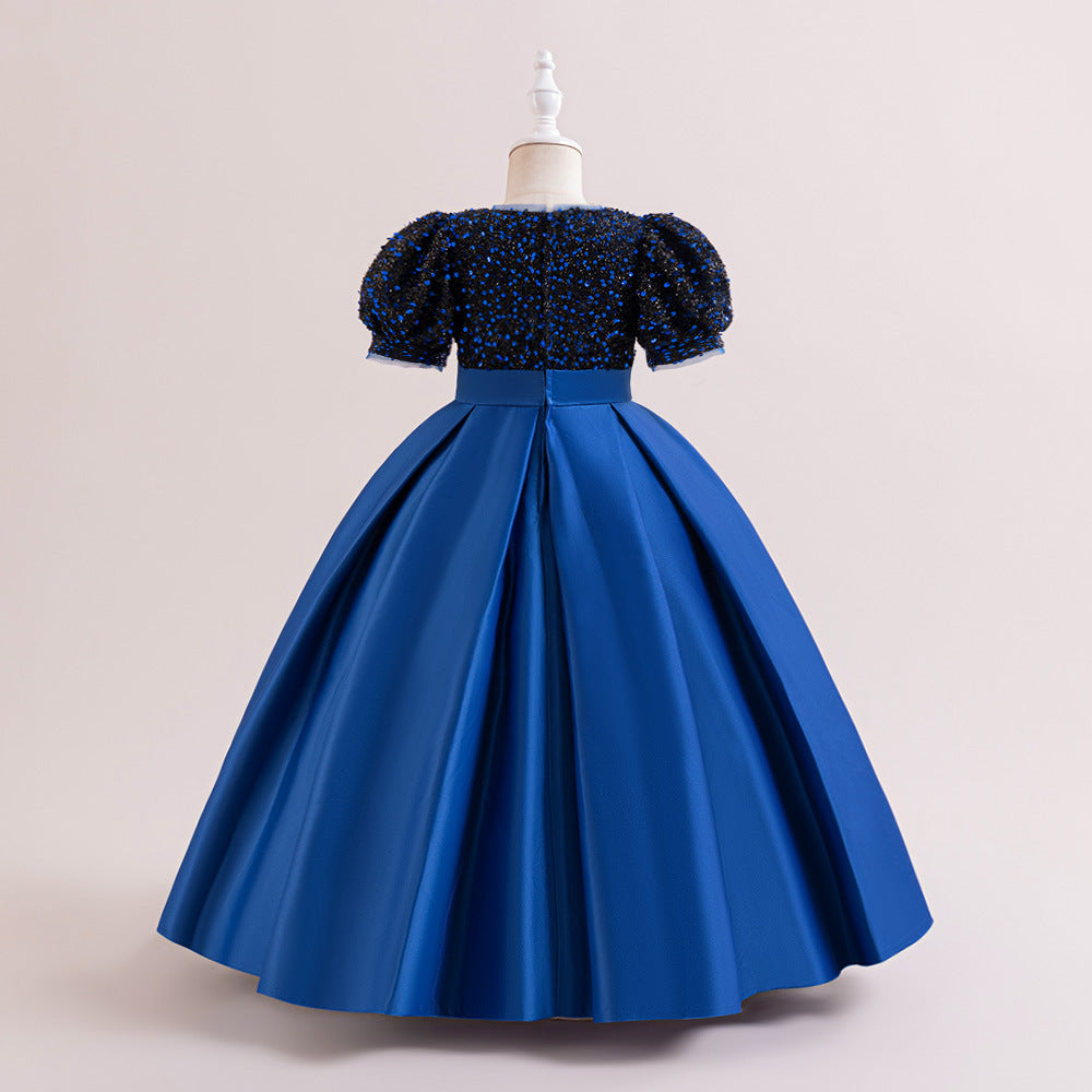 Cute A-Line Sequin Maxi Dress for Girls with Puff Sleeves & Bowknot