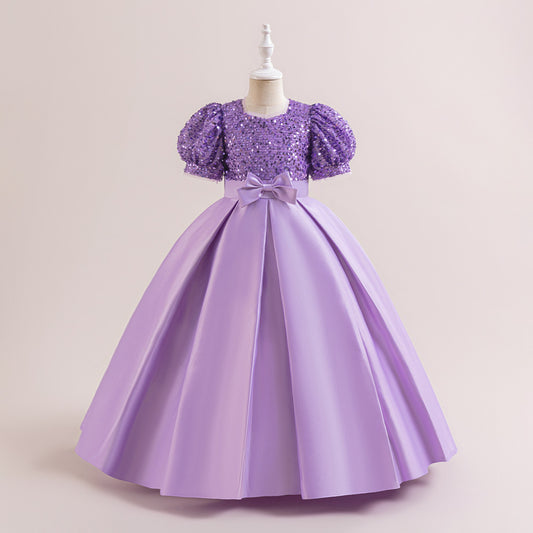Cute A-Line Sequin Maxi Dress for Girls with Puff Sleeves & Bowknot