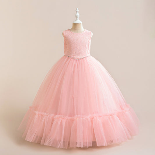 Girls' Tulle and Lace Maxi Dress with Sequins – Princess Party & Wedding Gown (Ages 5-12)