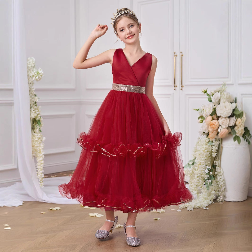 Burgundy A-Line V-Neck Maxi Dress for Girls with Sequins & Tulle