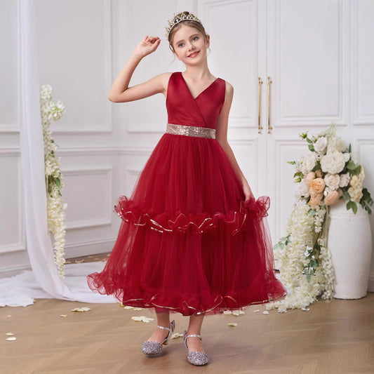 Burgundy A-Line V-Neck Maxi Dress for Girls with Sequins & Tulle