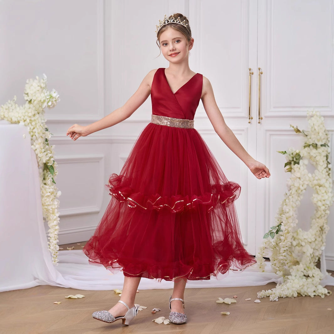 Burgundy A-Line V-Neck Maxi Dress for Girls with Sequins & Tulle