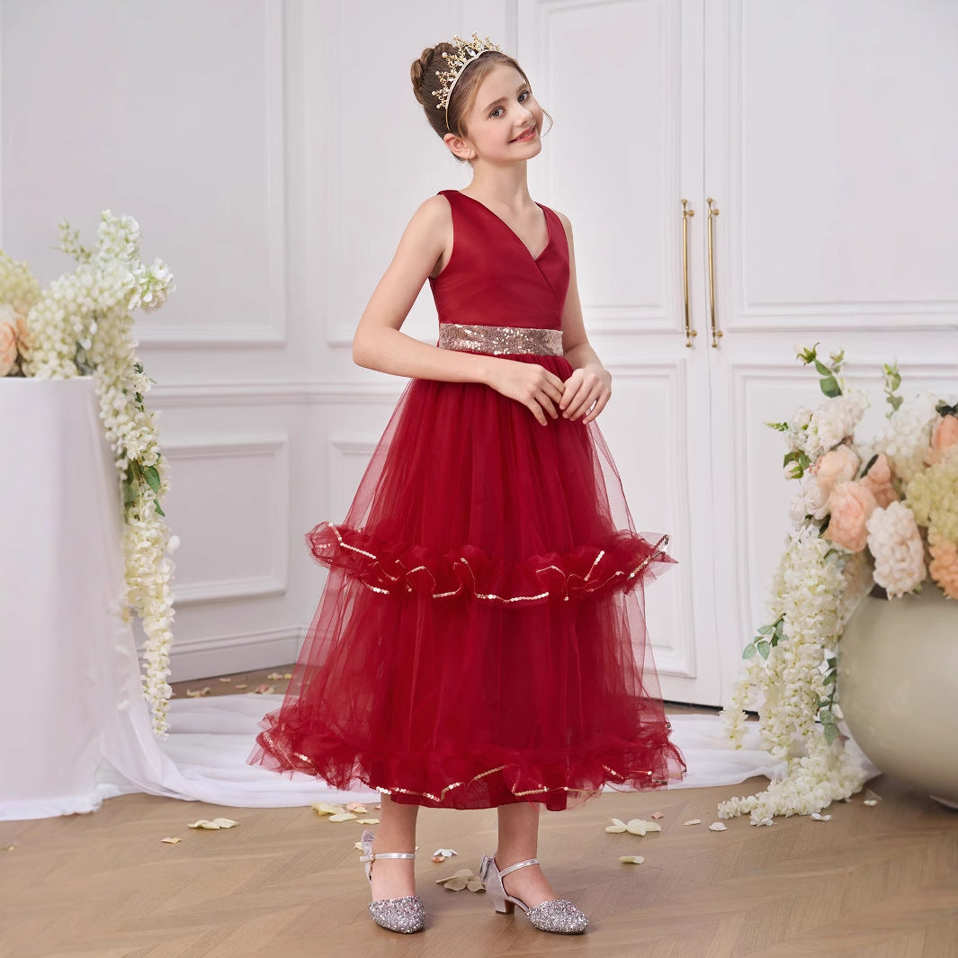 Burgundy A-Line V-Neck Maxi Dress for Girls with Sequins & Tulle