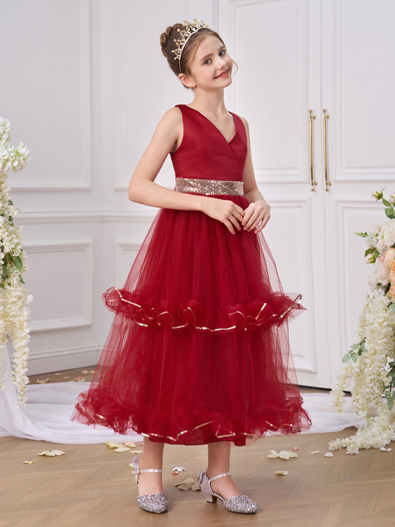 Burgundy A-Line V-Neck Maxi Dress for Girls with Sequins & Tulle
