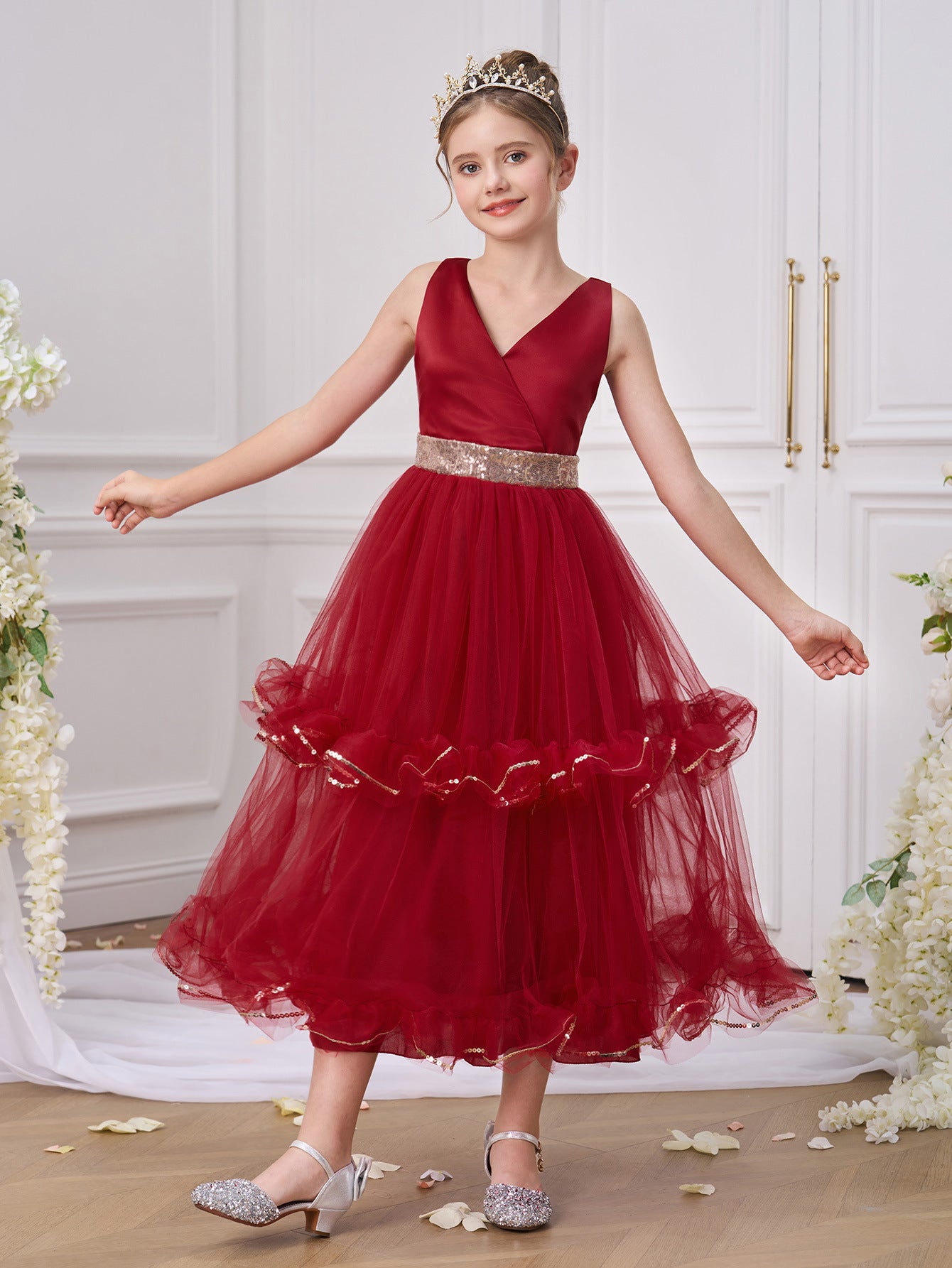 Burgundy A-Line V-Neck Maxi Dress for Girls with Sequins & Tulle