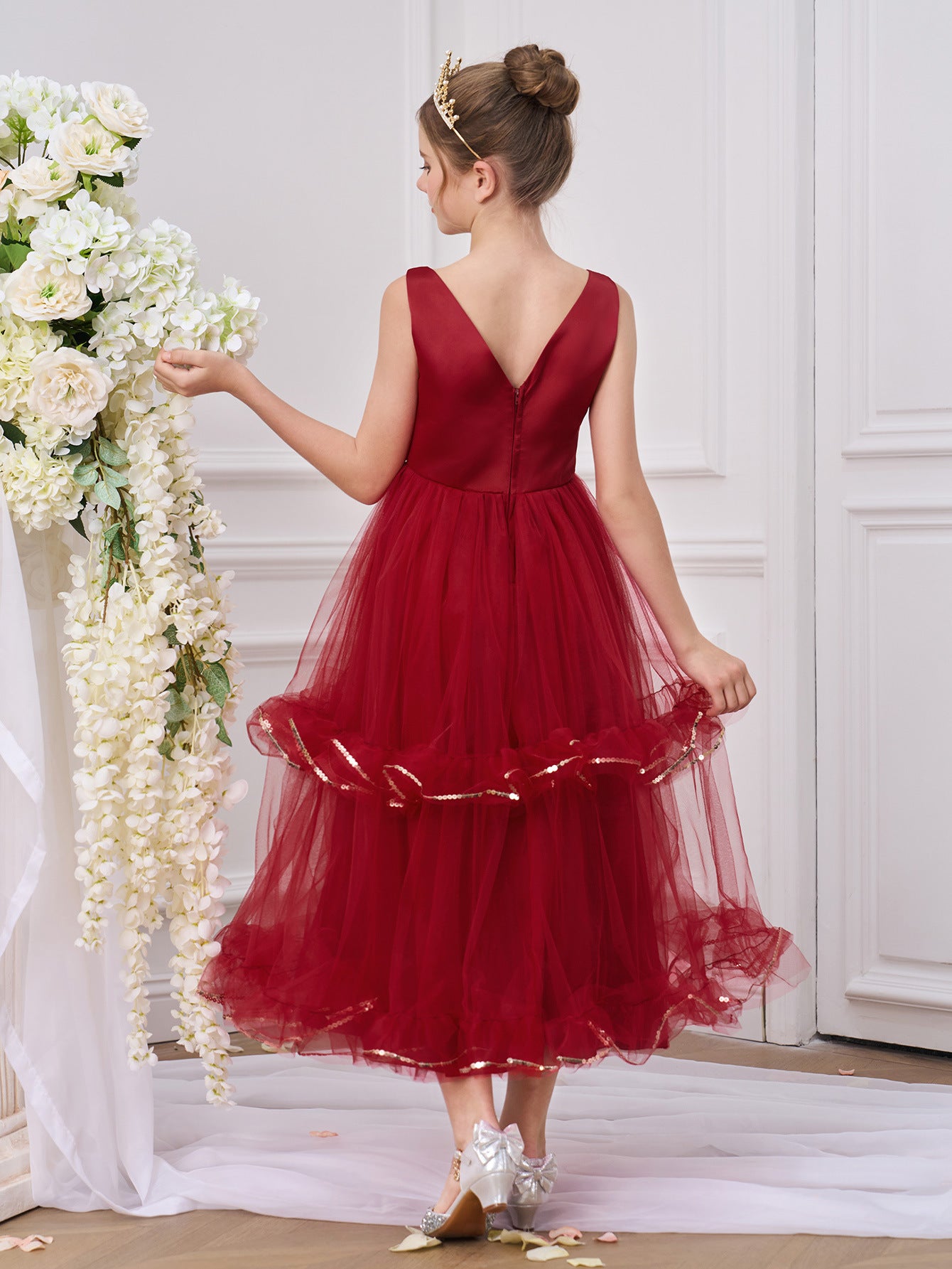 Burgundy A-Line V-Neck Maxi Dress for Girls with Sequins & Tulle