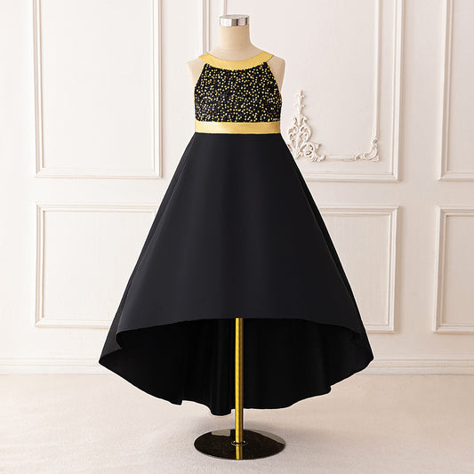 Cute Black Sequin High-Low A-Line Halter Dress for Girls (5-13 Years) | Party & Formal