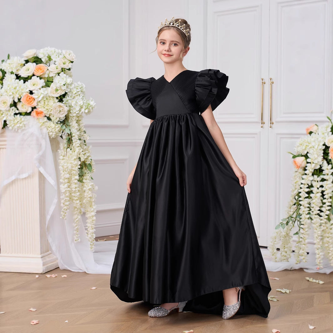Girls' Black Maxi A-Line Princess Dress for Parties and Weddings
