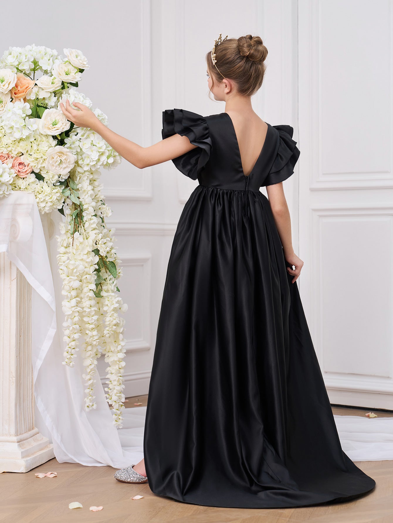 Girls' Black Maxi A-Line Princess Dress for Parties and Weddings