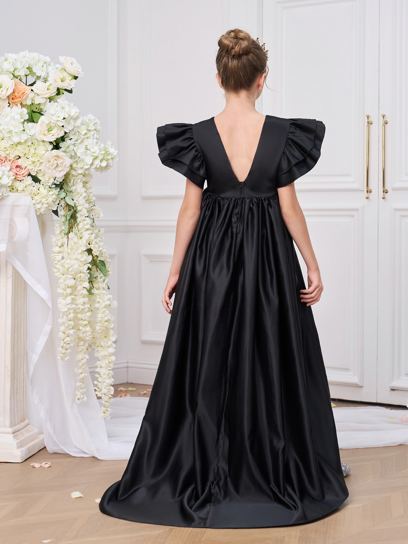 Girls' Black Maxi A-Line Princess Dress for Parties and Weddings