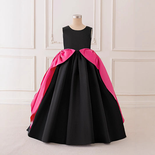 Black Satin High-Low A-Line Dress for Girls with Bow & Ruffles – Party & Formal Wear