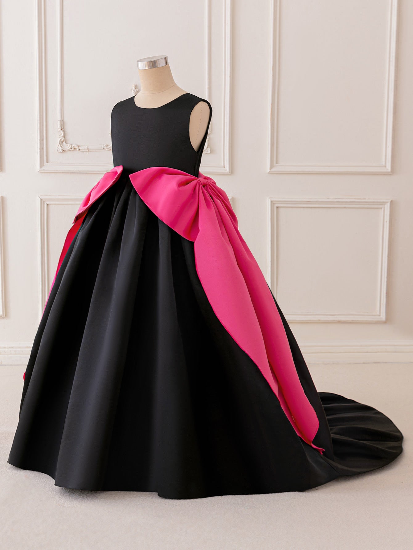 Black Satin High-Low A-Line Dress for Girls with Bow & Ruffles – Party & Formal Wear