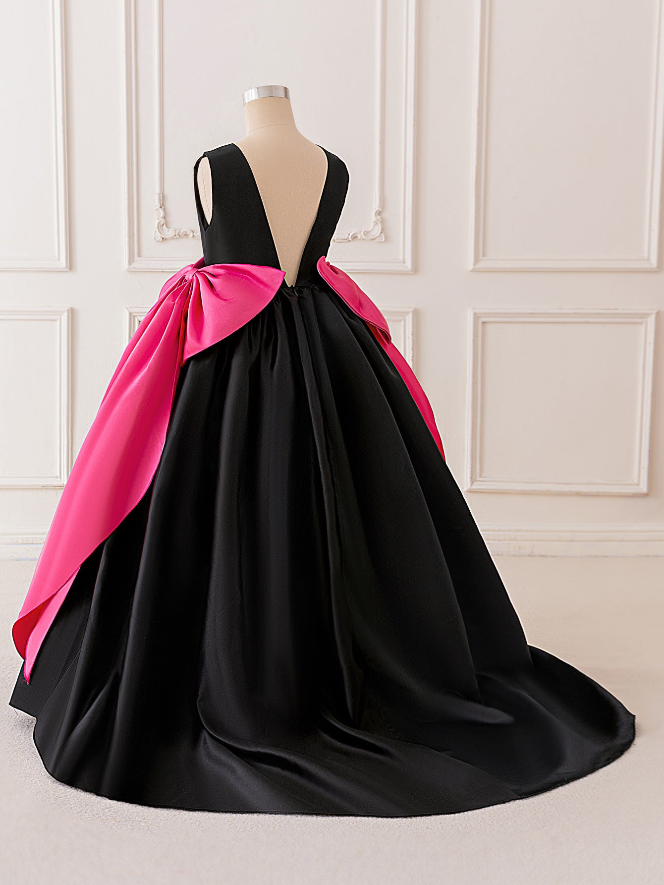 Black Satin High-Low A-Line Dress for Girls with Bow & Ruffles – Party & Formal Wear