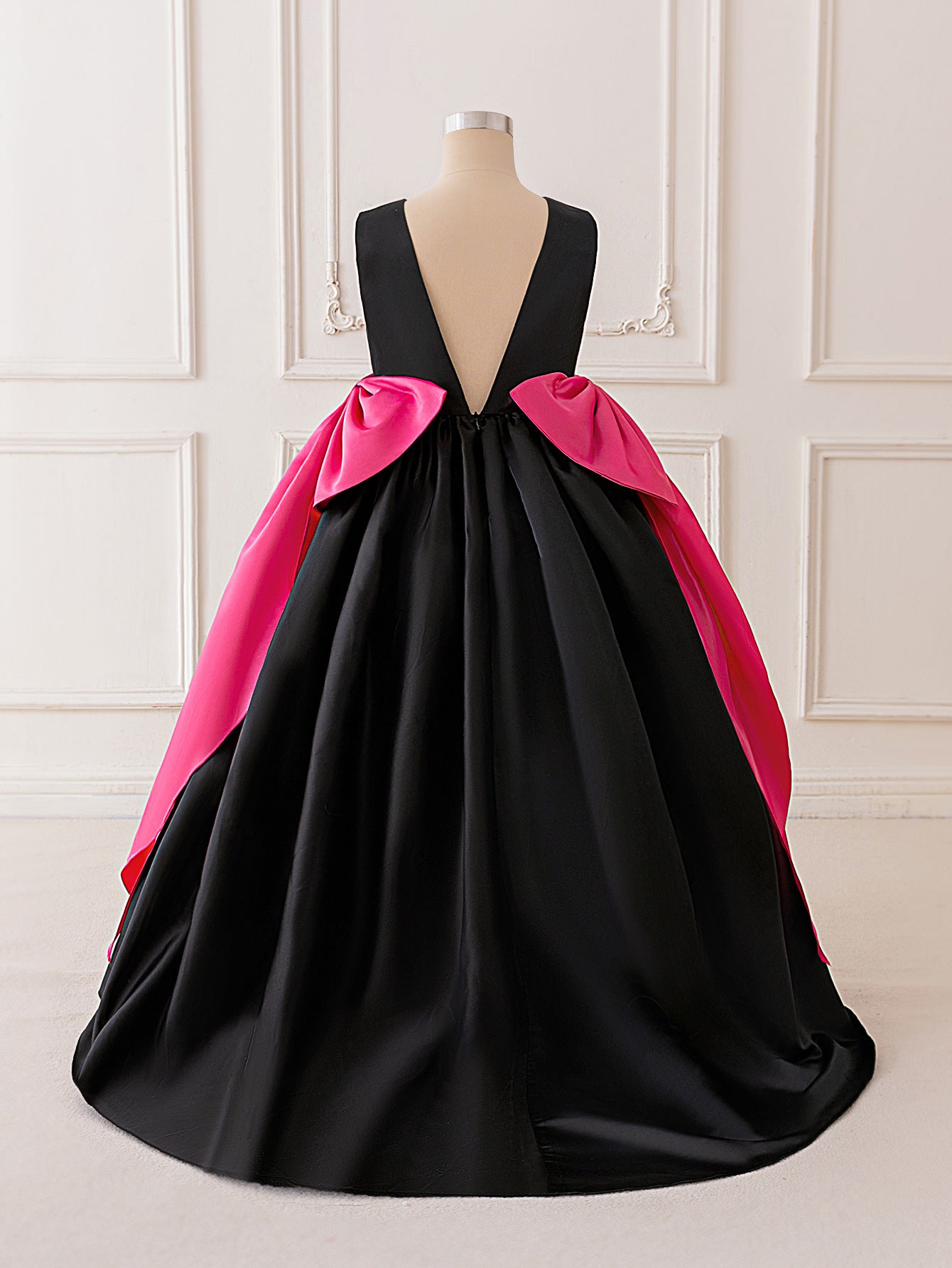Black Satin High-Low A-Line Dress for Girls with Bow & Ruffles – Party & Formal Wear