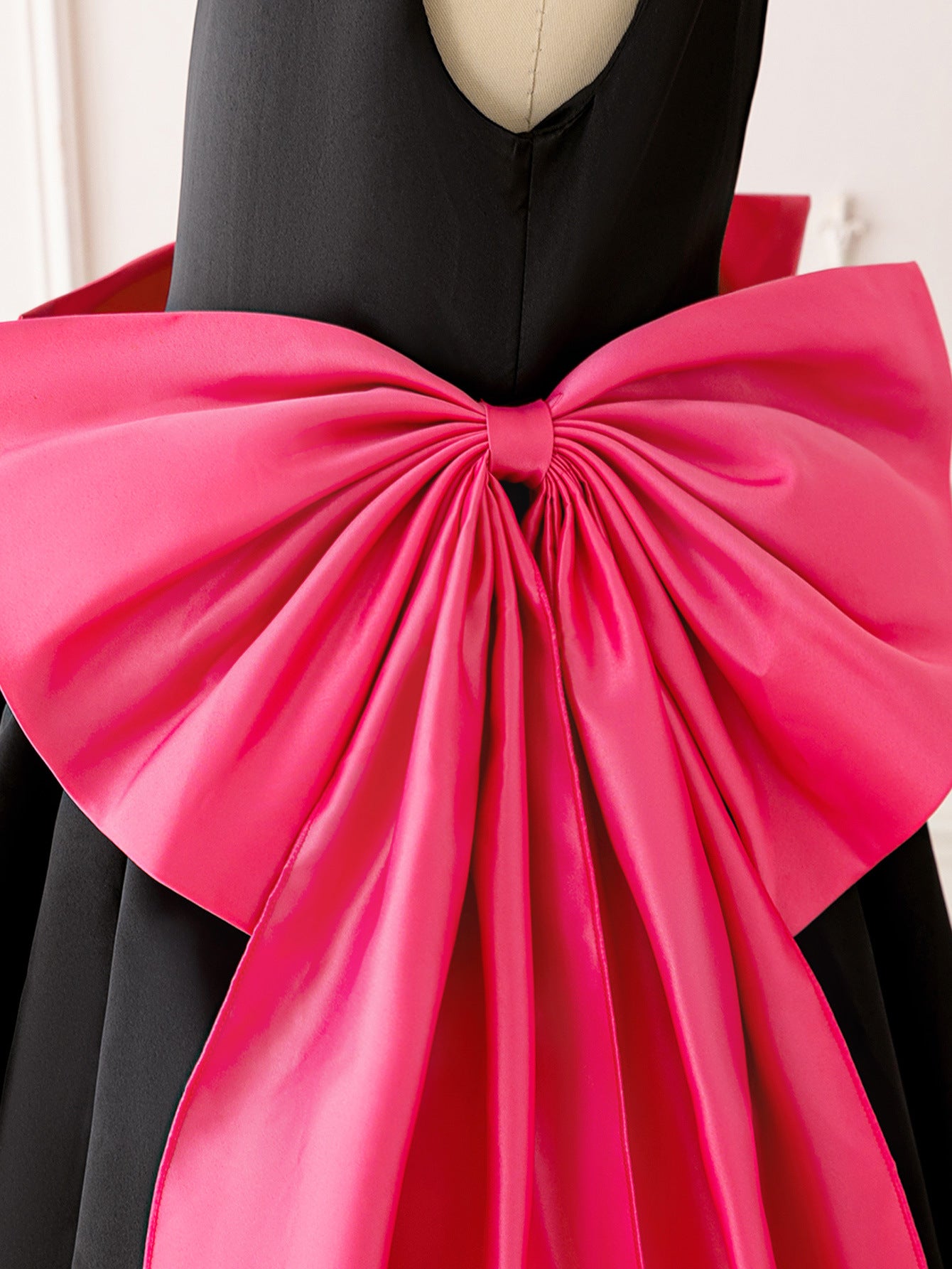 Black Satin High-Low A-Line Dress for Girls with Bow & Ruffles – Party & Formal Wear