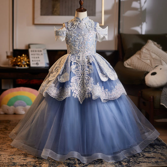 Blue Tiered Sequin Maxi Dress for Girls | Party, Wedding & Flower Girl Gown