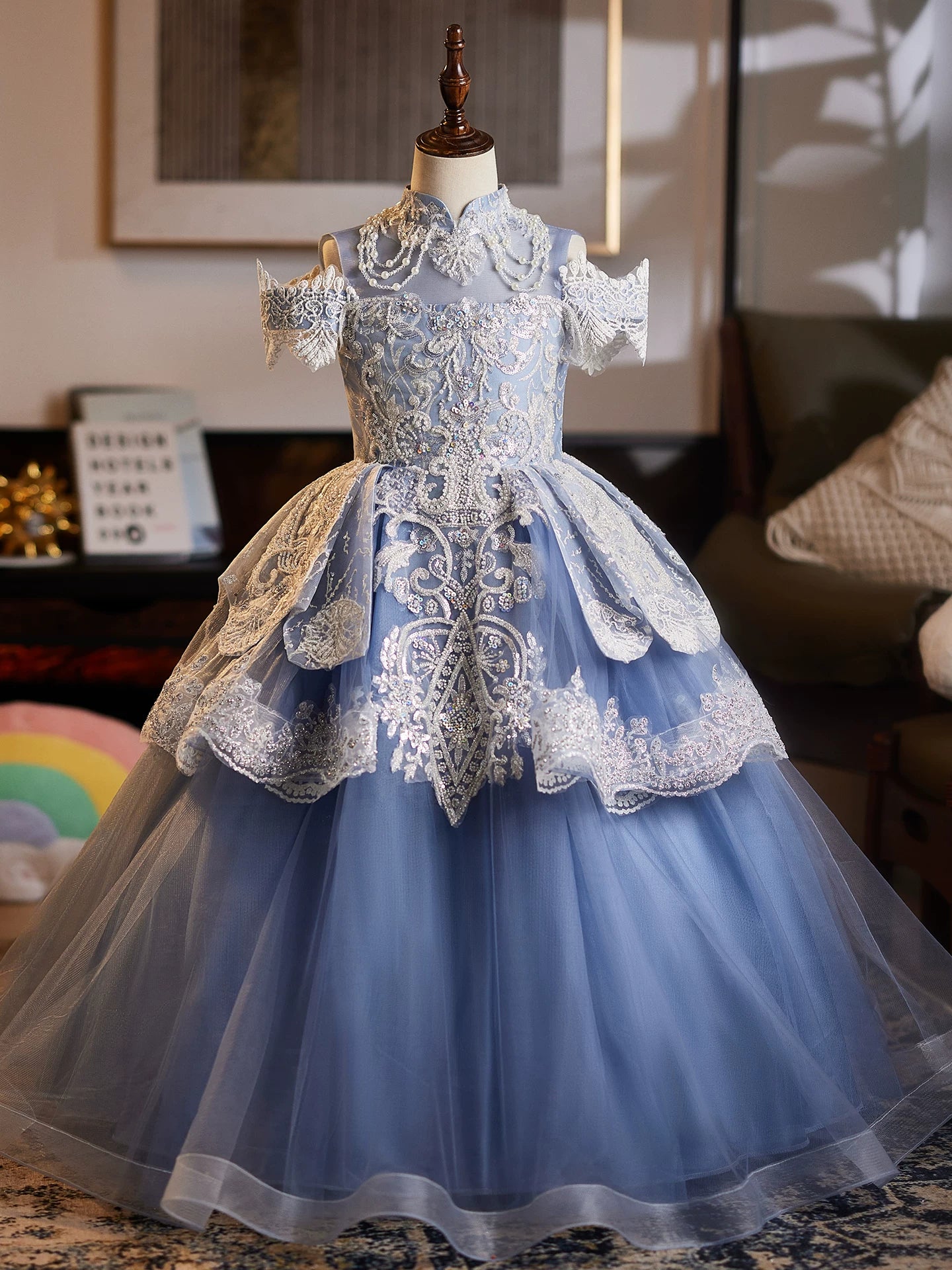 Blue Tiered Sequin Maxi Dress for Girls | Party, Wedding & Flower Girl Gown