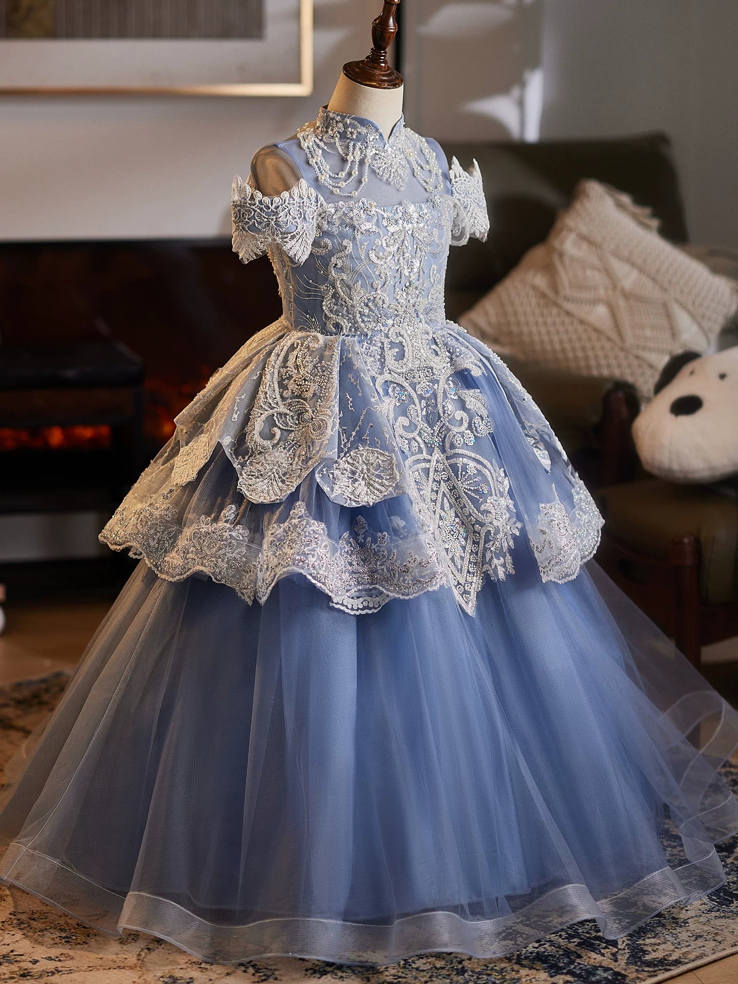 Blue Tiered Sequin Maxi Dress for Girls | Party, Wedding & Flower Girl Gown