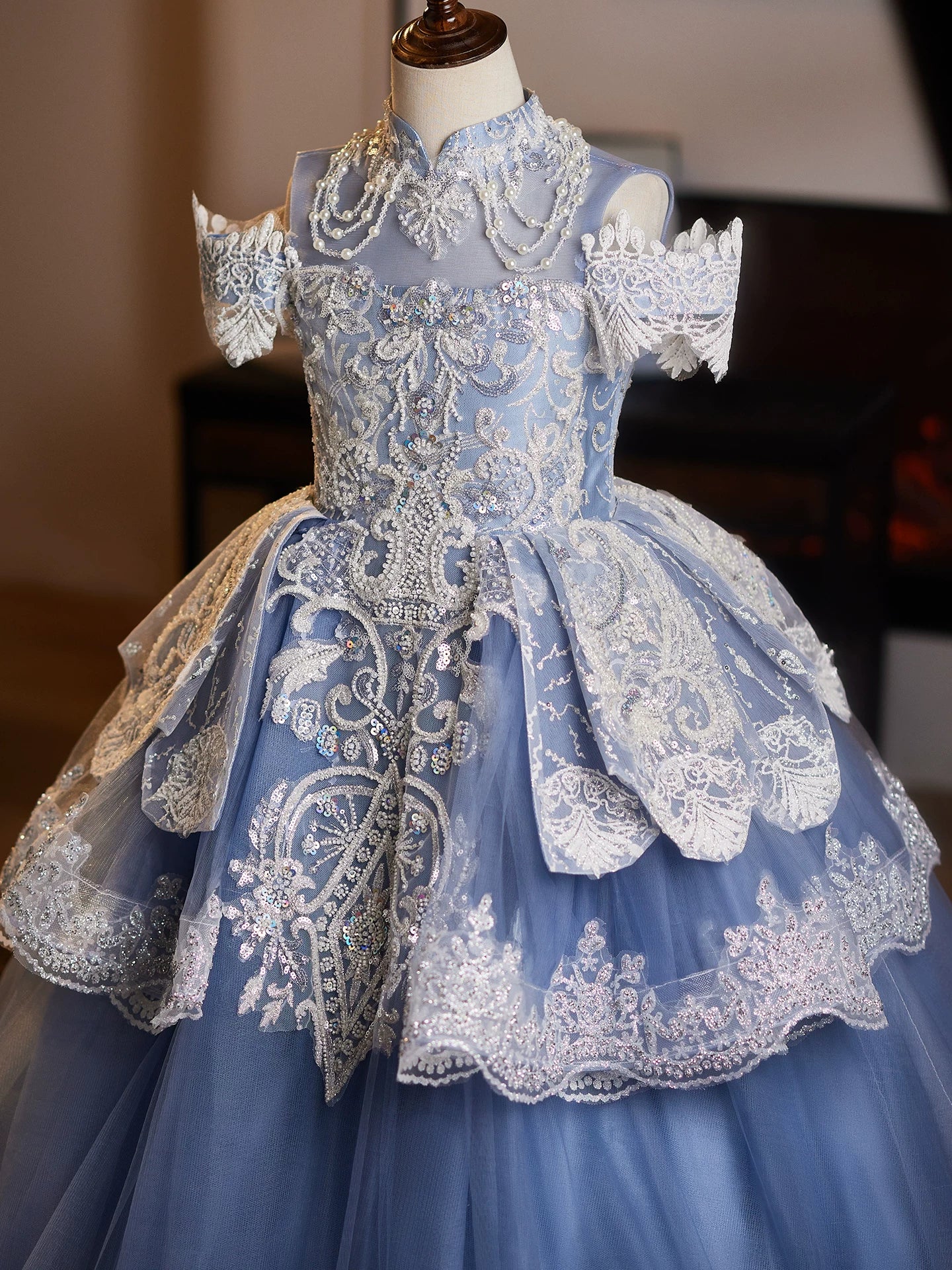 Blue Tiered Sequin Maxi Dress for Girls | Party, Wedding & Flower Girl Gown