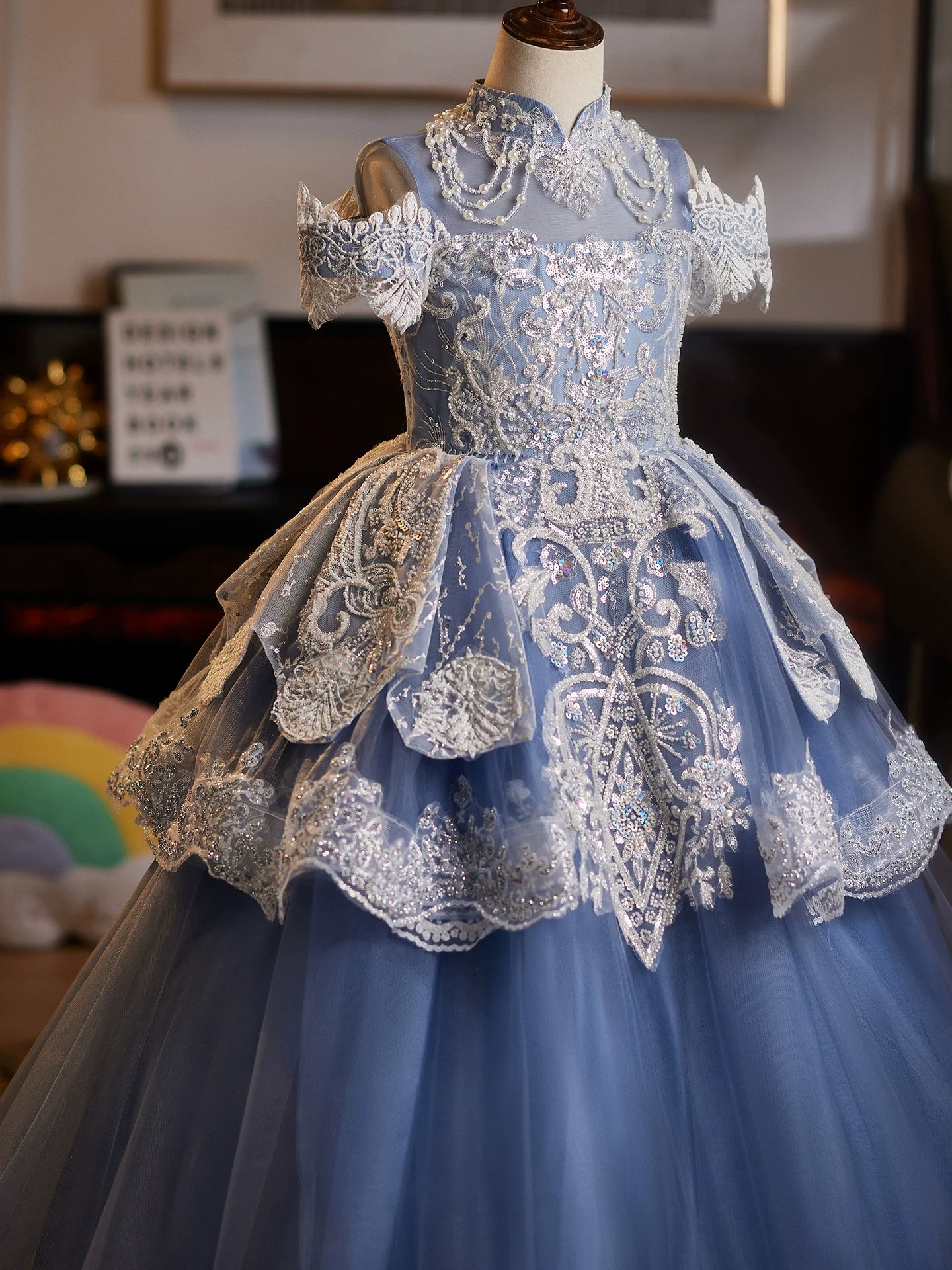 Blue Tiered Sequin Maxi Dress for Girls | Party, Wedding & Flower Girl Gown