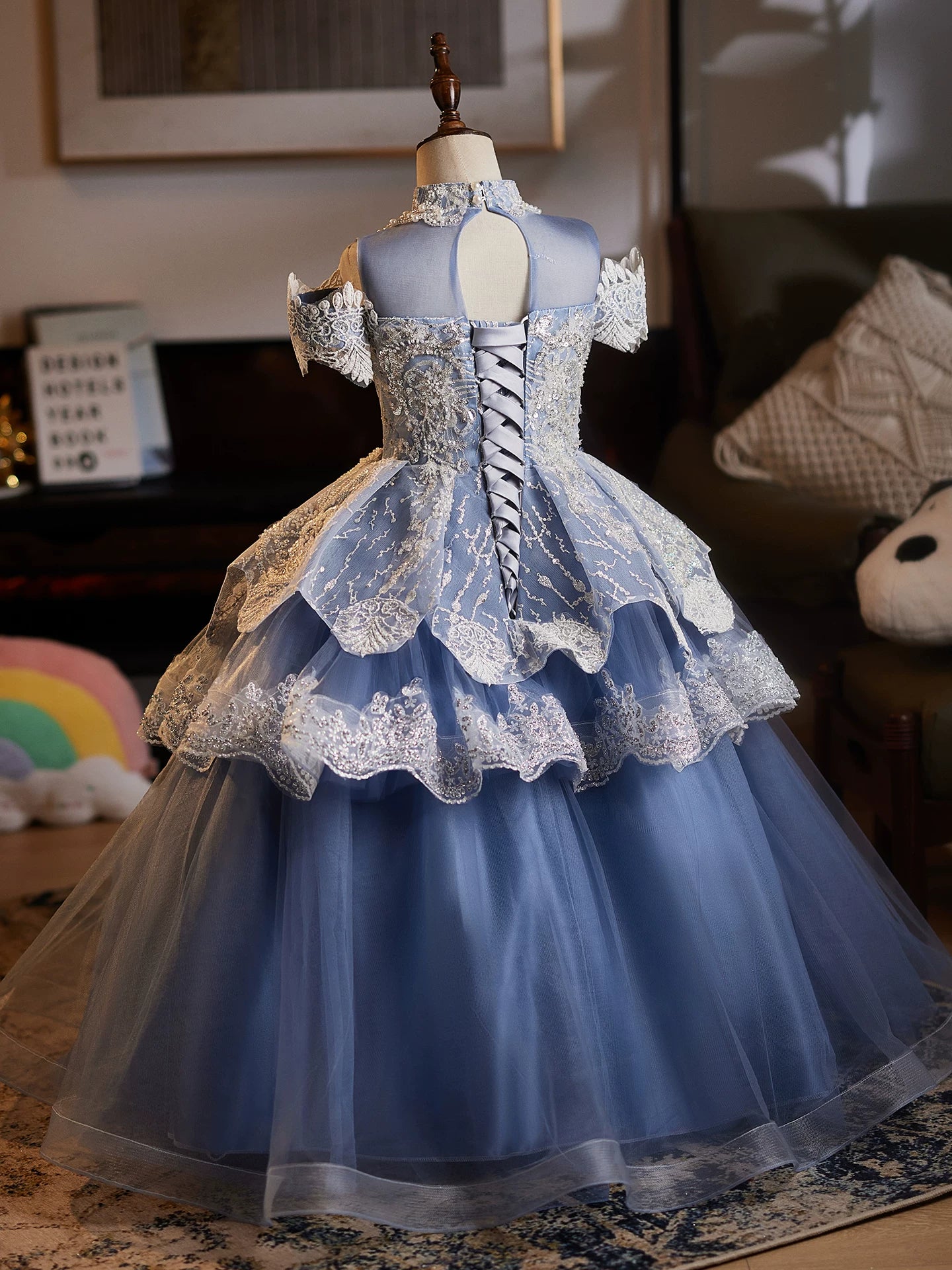 Blue Tiered Sequin Maxi Dress for Girls | Party, Wedding & Flower Girl Gown
